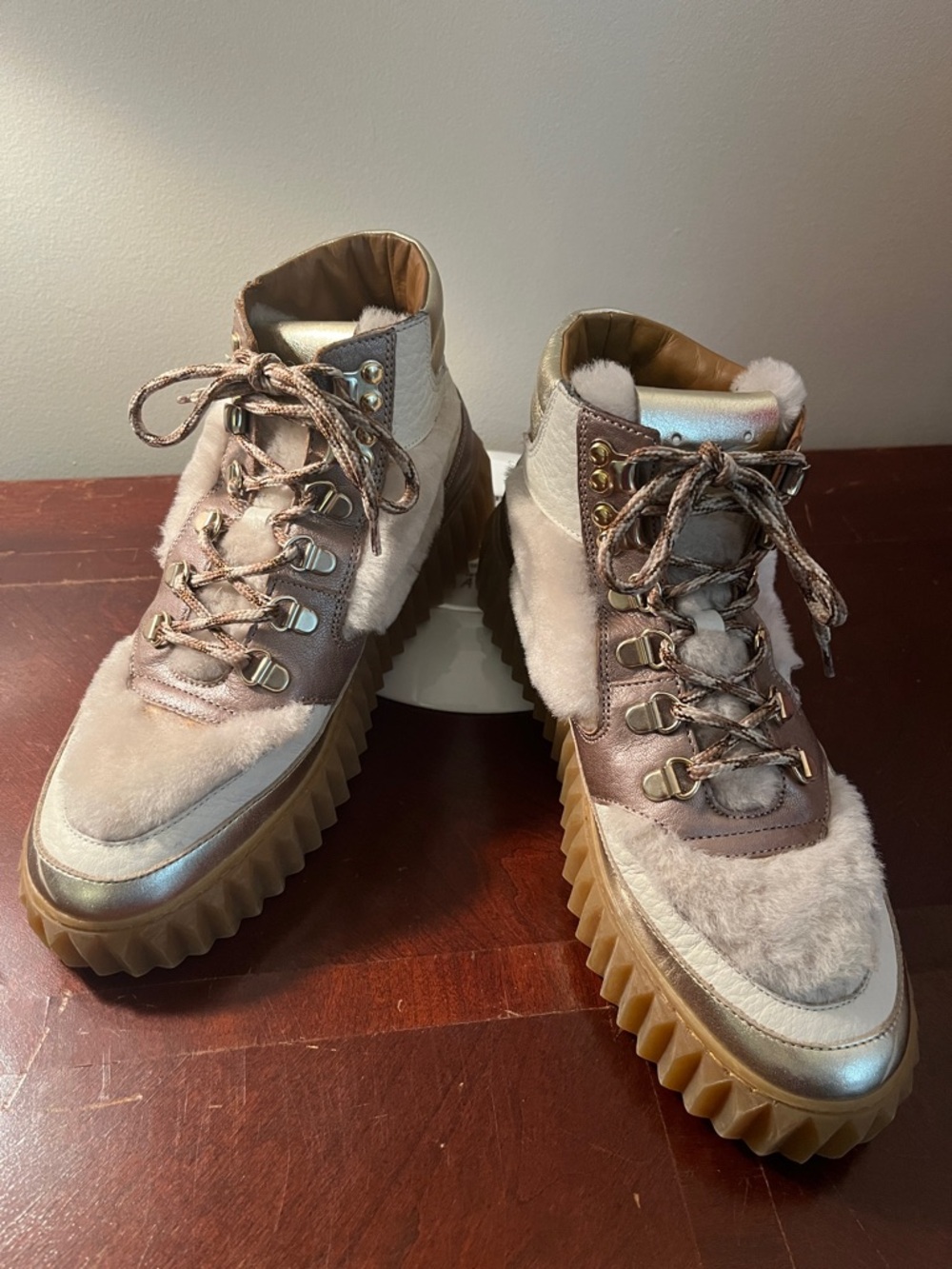Voile Blanche Gold, White & Gum Faux-Shearling Platform Boots